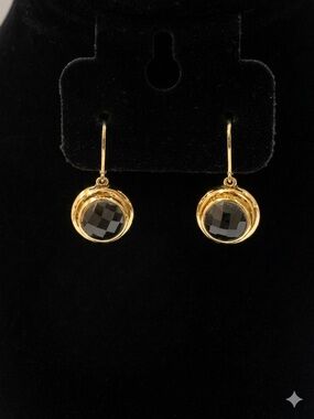 ELLE Sterling Silver 925 Gold Vermeil Faceted Black Onyx Leverback Earrings
